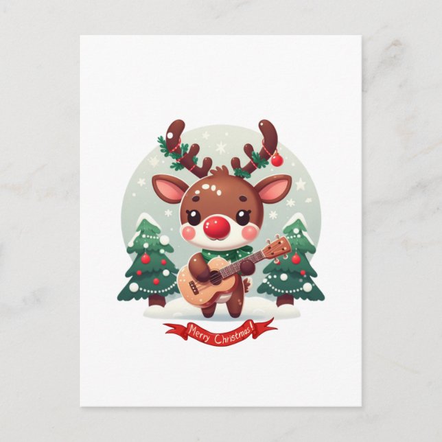 Cute Whimsical Reindeer with guitar Holiday Postcard (Front)