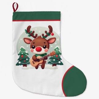 Cute Whimsical Reindeer with guitar Large Christmas Stocking