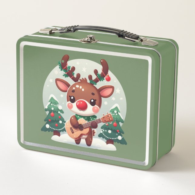Cute Whimsical Reindeer with guitar Metal Lunch Box (Front)