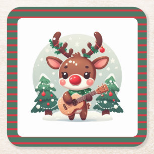 Cute Whimsical Reindeer with guitar Square Paper Coaster