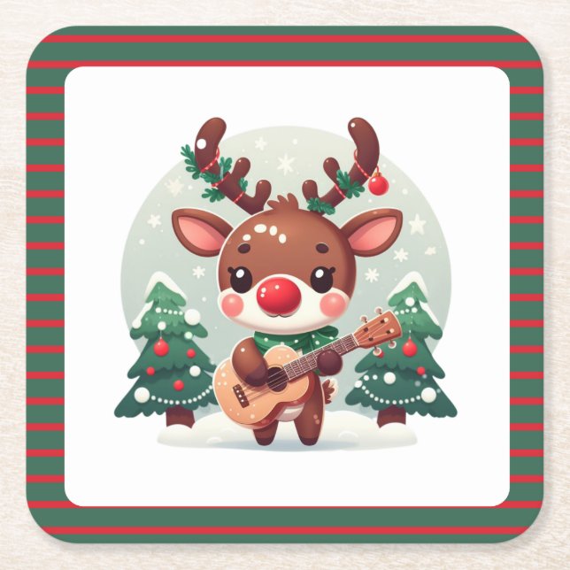 Cute Whimsical Reindeer with guitar Square Paper Coaster (Front)