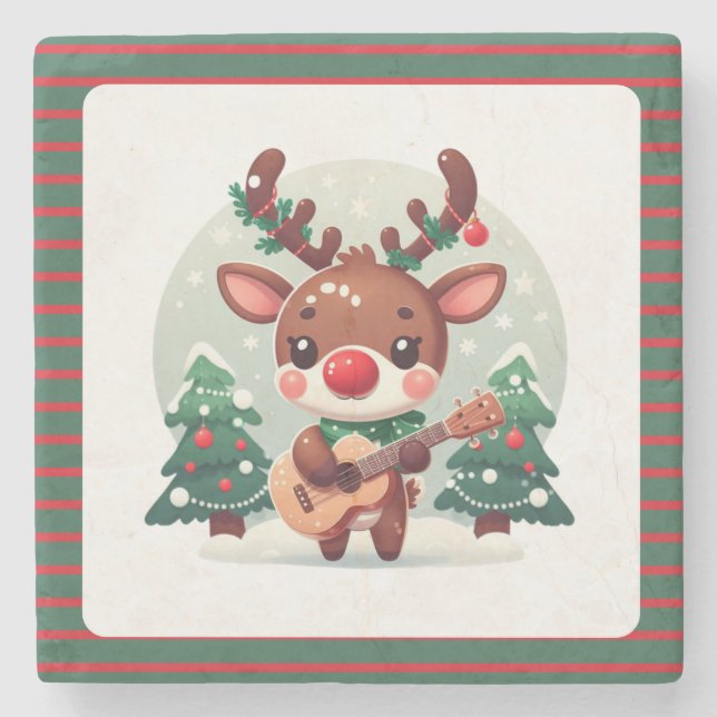 Cute Whimsical Reindeer with guitar Stone Coaster (Front)