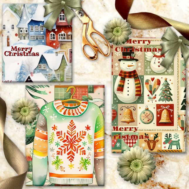 Cute Whimsical Retro Watercolor Christmas Wrapping Paper Sheet (Cute Christmas wrapping paper sheets with a variety of different retro designs )