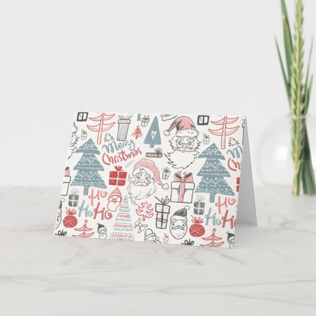 Cute Whimsical Santa Christmas Tree Pattern Pink Holiday Card (Front)
