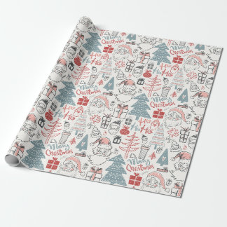 Cute Whimsical Santa Christmas Tree Pattern Pink Wrapping Paper