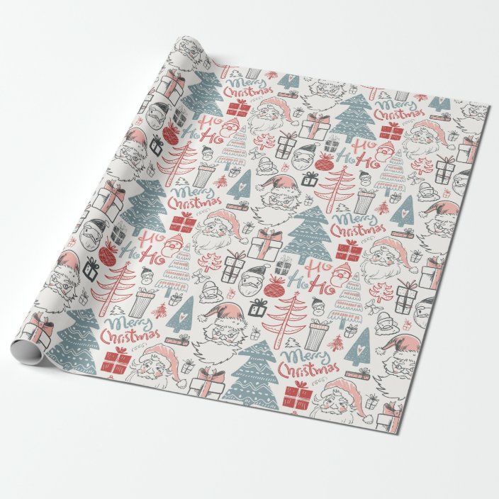 Cute Whimsical Santa Christmas Tree Pattern Pink Wrapping Paper ...