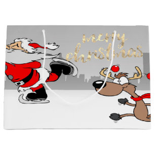 Cute Whimsical Santa Claus,Reindeer Large Gift Bag