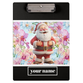 Cute Whimsical Santa Claus with Floral Clipboard