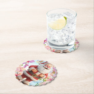 Cute Whimsical Santa Claus with Floral Paper Coaster