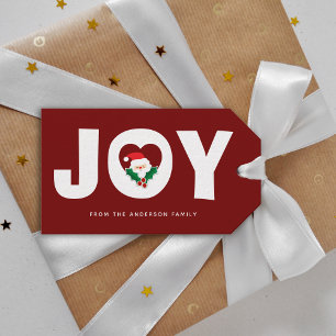 Cute Whimsical Santa & Holly Berries Christmas Joy Gift Tags