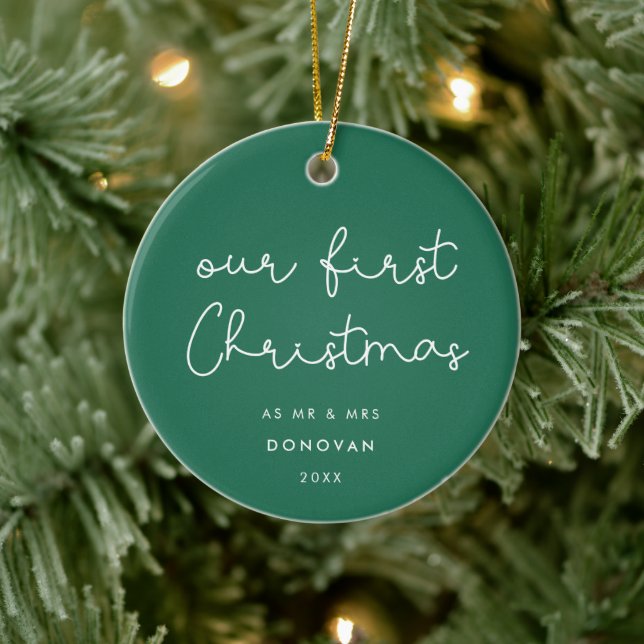 Cute whimsical script Our First Christmas photo Ceramic Tree Decoration (Tree)