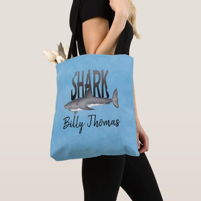 Cute Whimsical Shark Bite Ocean Tropical Beach Tote Bag (Close Up)