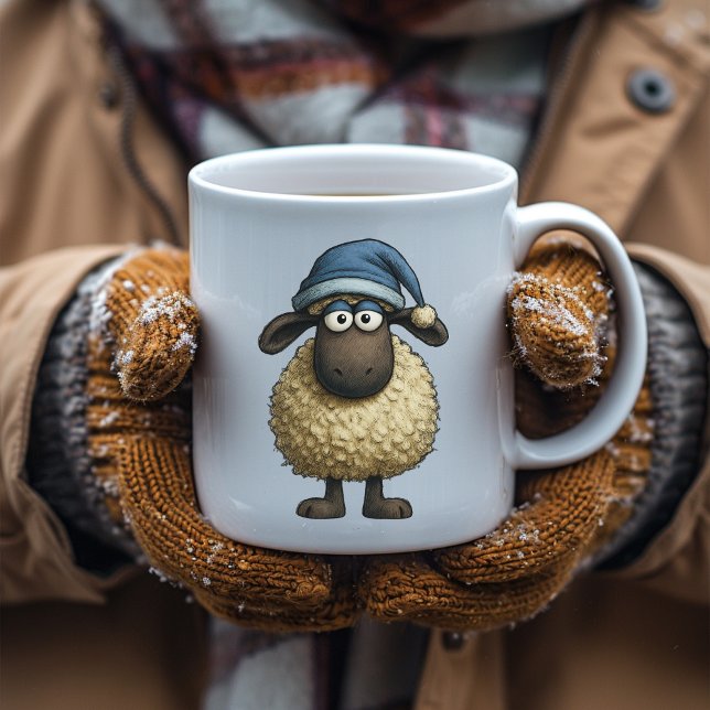 Cute Whimsical Sheep with Christmas Hat Gift Funny Coffee Mug (Creator Uploaded)
