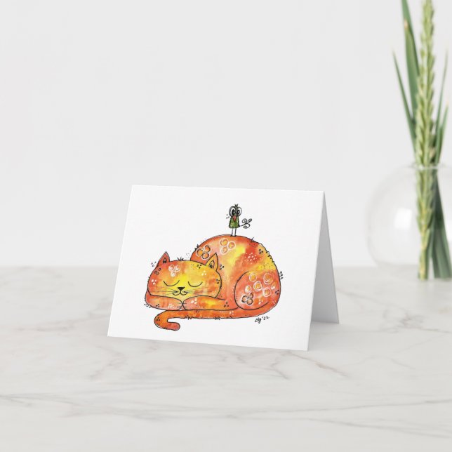 Cute Whimsical Sleeping Cat Card (Front)