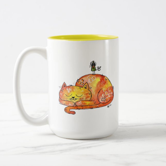 Cute Whimsical Sleeping Cat Two-Tone Coffee Mug (Left)