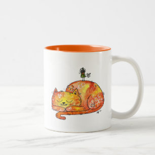 Cute Whimsical Sleeping Cat Two-Tone Coffee Mug