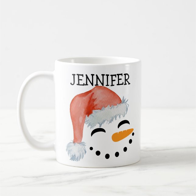 Cute Whimsical Smiling Snowman Face Santa Hat Name Coffee Mug (Left)