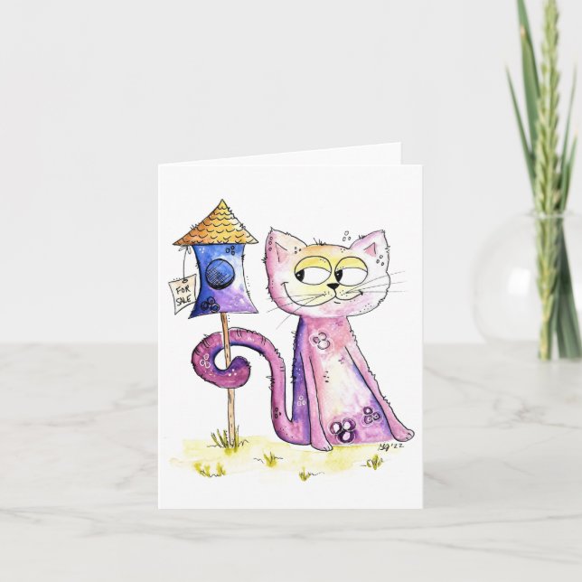 Cute Whimsical Sneaky Cat with Birdhouse Card (Front)