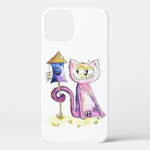 Cute Whimsical Sneaky Cat with Birdhouse iPhone 12 Case