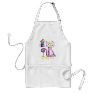 Cute Whimsical Sneaky Cat with Birdhouse Standard Apron