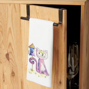Cute Whimsical Sneaky Cat with Birdhouse Tea Towel