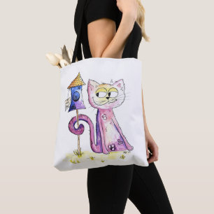Cute Whimsical Sneaky Cat with Birdhouse Tote Bag