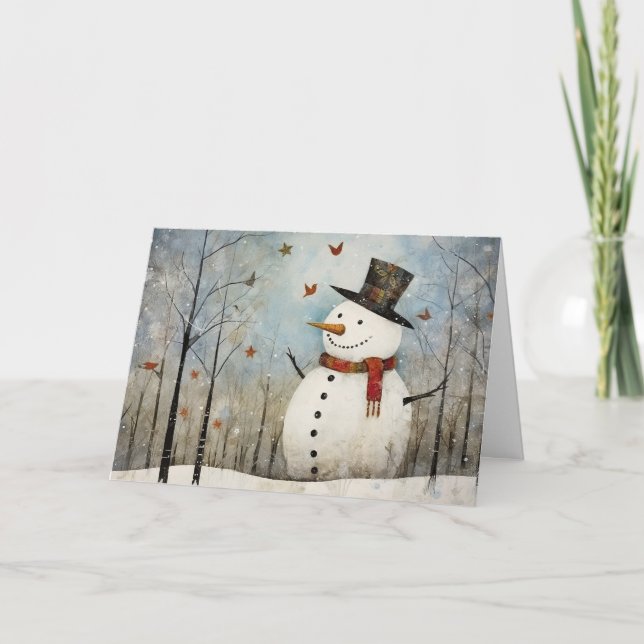 Cute Whimsical Snowman in a Top Hat Holiday  Card (Front)