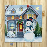 Cute Whimsical Snowman in the Front Yard Christmas Jigsaw Puzzle<br><div class="desc">A cute watercolor illustration of a snowman in front of a suburban Victorian house in a sweet cosy neighbourhood. Snowman has blue scarf and tophat on.</div>