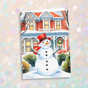 Cute Whimsical Snowman in the Suburbs Christmas Card