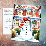 Cute Whimsical Snowman in the Suburbs Christmas Postcard<br><div class="desc">Personalised traditional Christmas postcard. A cute watercolor illustration of a snowman in front of a suburban Victorian house in a sweet cosy neighbourhood. Add your own holiday greeting and family names in the personalise area.</div>