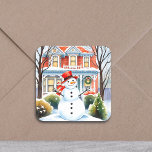 Cute Whimsical Snowman in the Suburbs Christmas Square Sticker<br><div class="desc">Traditional Christmas stickers. A cute watercolor illustration of a snowman in front of a suburban Victorian house in a sweet cosy neighbourhood.</div>