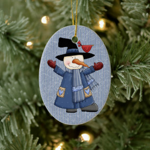 Cute Whimsical Snowman with Red Cardinal Ceramic Tree Decoration