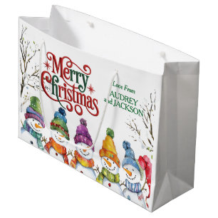 Cute Whimsical Snowmen Merry Christmas Art Large Gift Bag