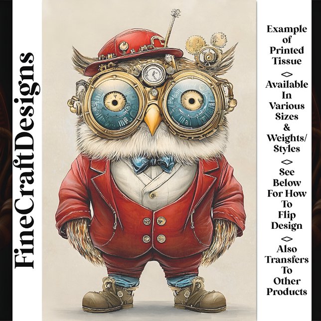 Cute Whimsical Steampunk Owl, Red AY4 Decoupage Tissue Paper (Creator Uploaded)