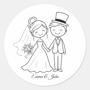Cute Whimsical Stick Figure Wedding Favour Classic Round Sticker