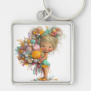 CUTE WHIMSICAL SUMMER GIRL WITH TINY FLOWERS KEY RING