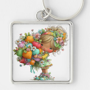CUTE WHIMSICAL SUMMER GIRL WITH TINY FLOWERS KEY RING