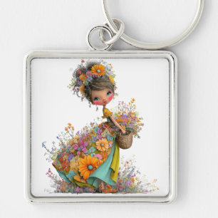 CUTE WHIMSICAL SUMMER GIRL WITH TINY FLOWERS KEY RING