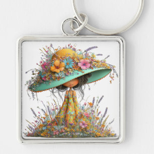CUTE WHIMSICAL SUMMER GIRL WITH TINY FLOWERS KEY RING
