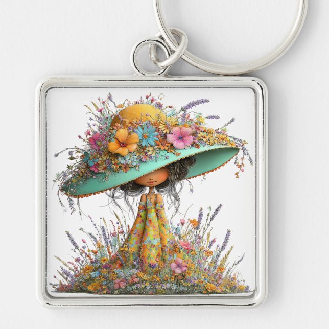 CUTE WHIMSICAL SUMMER GIRL WITH TINY FLOWERS KEY RING (Front)