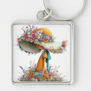 CUTE WHIMSICAL SUMMER GIRL WITH TINY FLOWERS KEY RING