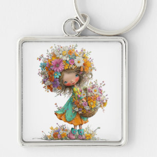 CUTE WHIMSICAL SUMMER GIRL WITH TINY FLOWERS KEY RING