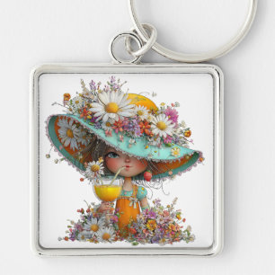 CUTE WHIMSICAL SUMMER GIRL WITH TINY FLOWERS KEY RING