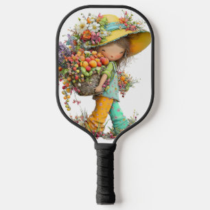 CUTE WHIMSICAL SUMMER THEMED GIRL WITH FLOWERS PICKLEBALL PADDLE