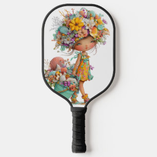 CUTE WHIMSICAL SUMMER THEMED GIRL WITH SHELLS PICKLEBALL PADDLE