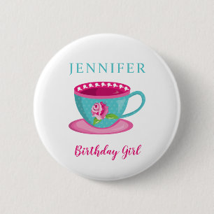 Cute Whimsical Tea cup Birthday Girl Party pink 6 Cm Round Badge