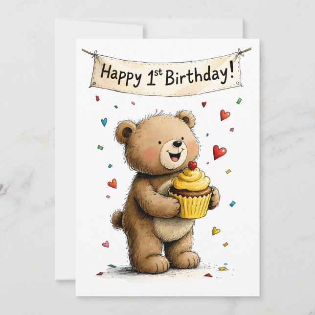 Cute Whimsical Teddy Bear Happy 1st Birthday Flat Card (Front)