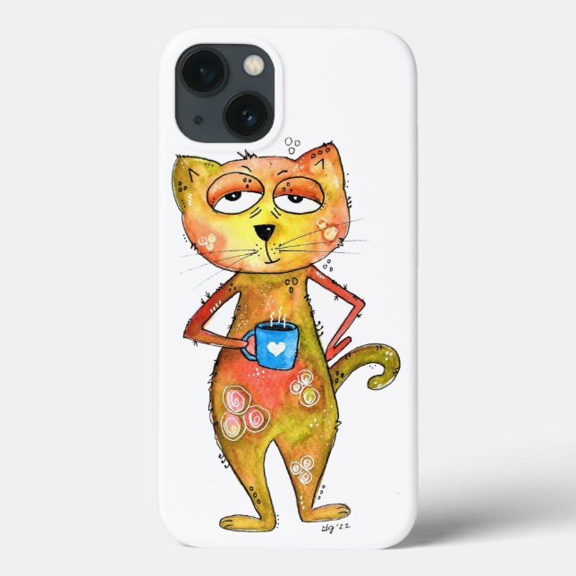 Cute Whimsical Tired Cat Drinking Coffee Case-Mate iPhone Case (Back)