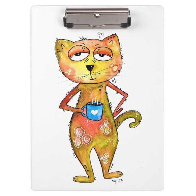 Cute Whimsical Tired Cat Drinking Coffee Clipboard (Front)