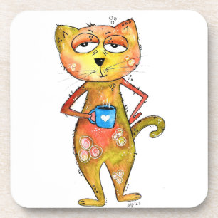 Cute Whimsical Tired Cat Drinking Coffee Coaster